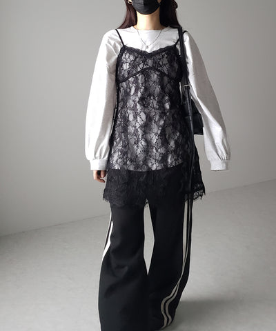 【 ２color 】チュールドッキングレースチュニックキャミソール ／ tulle docking lace tunic camisole