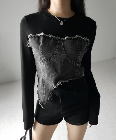【 ２color 】ダメージデニムビスチェドッキングＴシャツ ／ damage denim bustier docking Tee