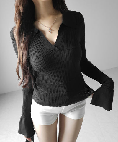 スキッパーネックスリムリブニットトップス ／ skipper neck slim rib knit tops
