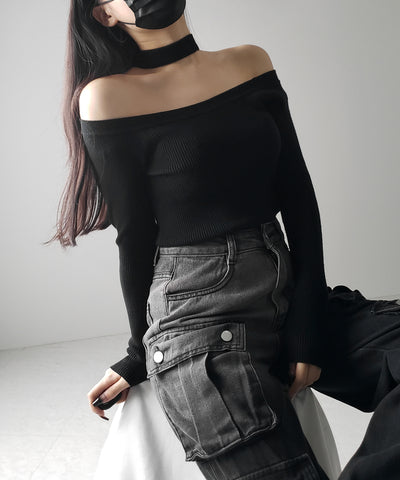 【 ２color 】チョーカーオフショルリブニットトップス ／choker offshoulder lib knit tops
