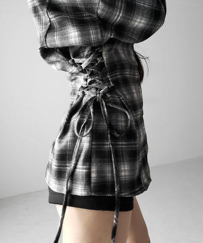 レースアップリボンスリムラインチェックネルシャツ ／ lace up ribbon slim line check flannel shirt