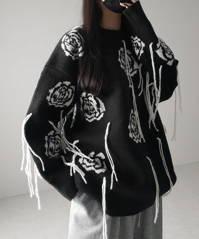 バラジャガードフリンジビッグシルエットニット ／ rose jacquard fringe big silhouette knit