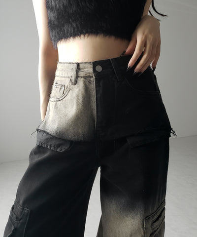 【 ２color ／４size 】ブロッキングバイカラーオーバーダイワイドデニム ／ blocking bicolor overdye wide denim