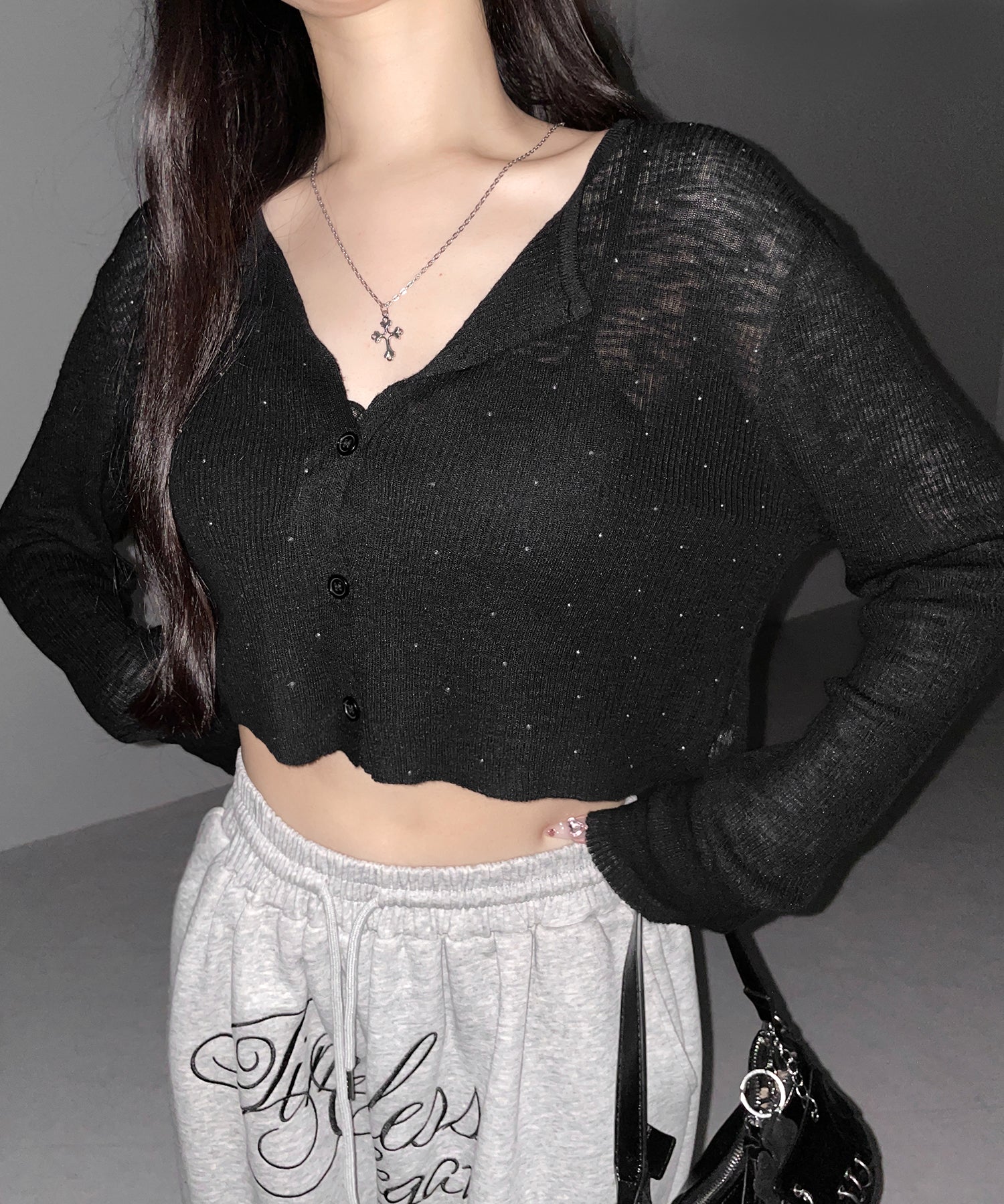 ラインストーンシアーニットカーディガン ／ Rhine stone sheer knit cardigan