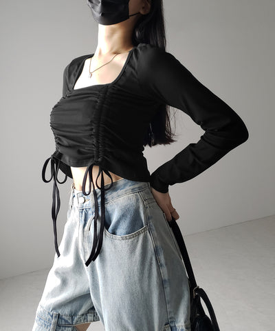 【 ３color 】 ダブルシャーリングリボンスクエアネックトップス ／ double shirring ribbon square neck tops