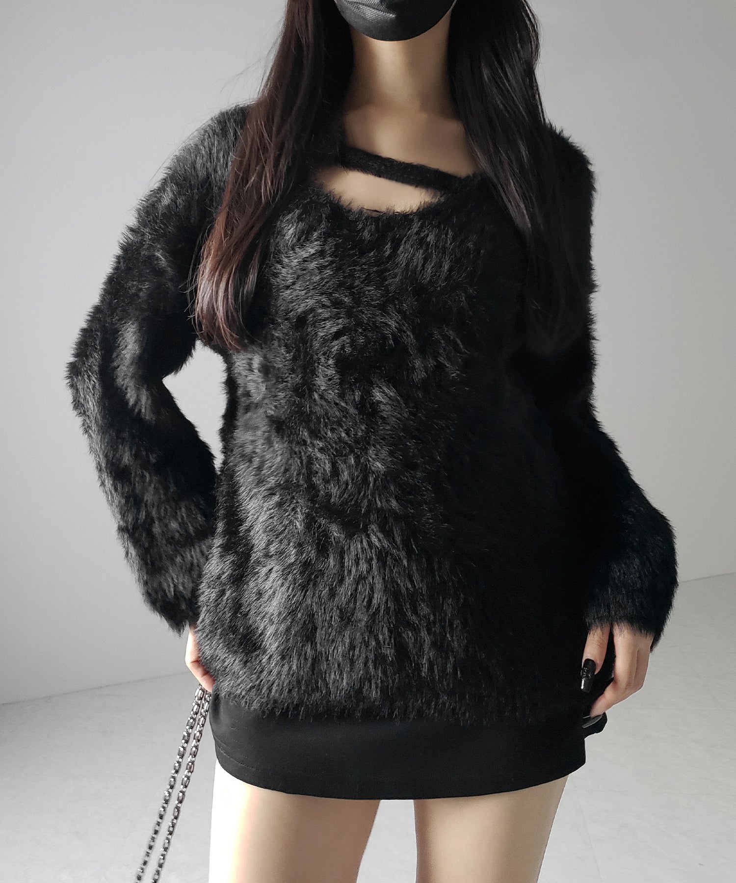 【 ３color 】ナナメストラップカットアウトシャギーニット ／ naname strap cutout shaggy knit