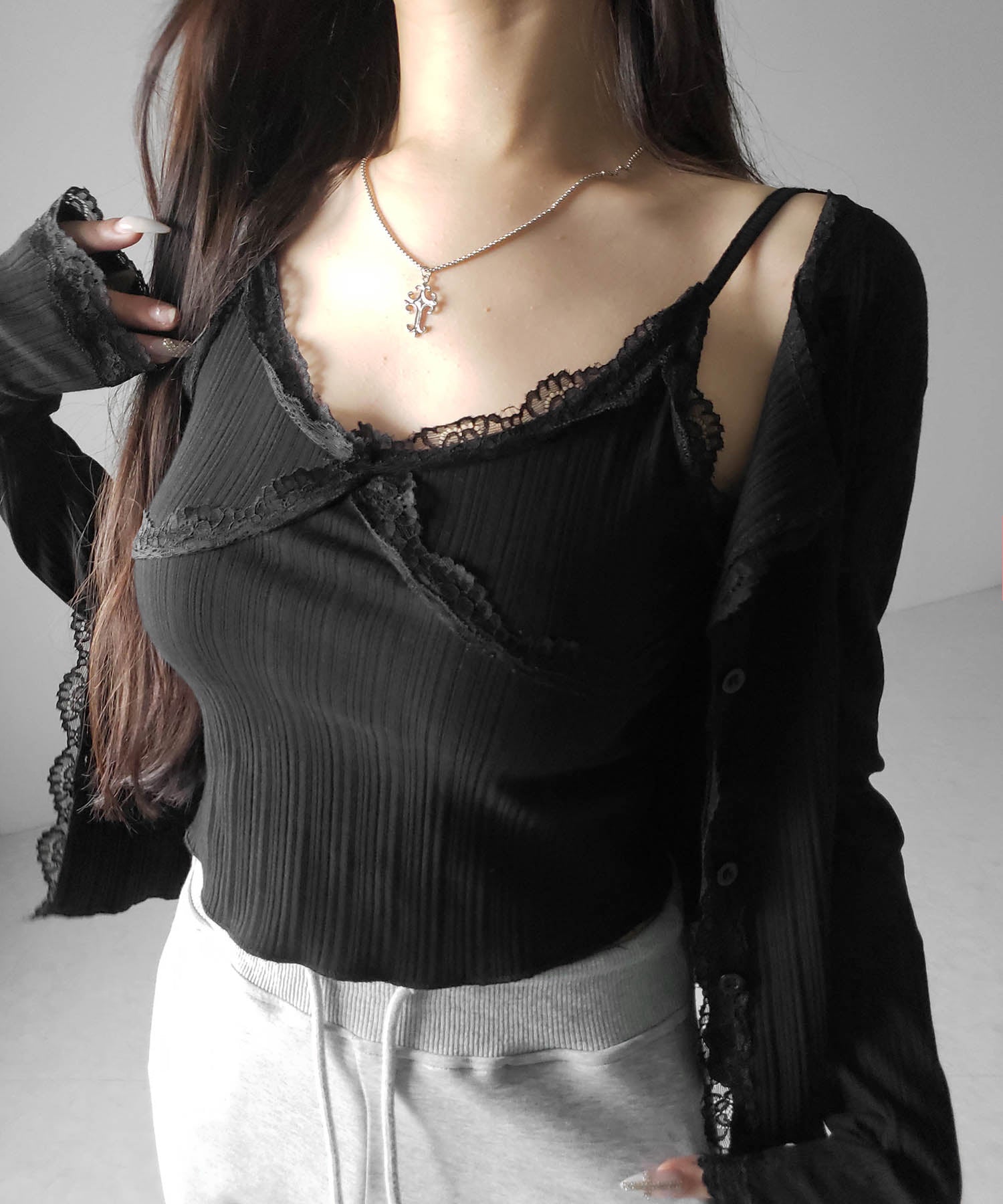 【 ２点セット 】レースドッキングリブキャミソール ＋ カーディガンセット ／ lace docking lib camisole + cardigan SET