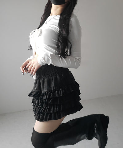 【 ３color ／インナーパンツ裏地付 】ハイウエストシャーリングフリルミニスカート ／ high waist shirring frill mini skirt