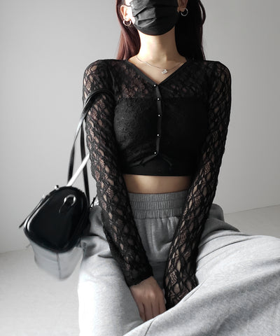 【 ２color 】フロントボタンショートレースカーディガン ／ front button short lace cardigan