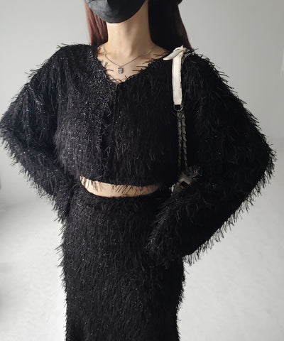 【 セットアップ可能 】シャギーフリンジショートカーディガン ／shaggy fringe short cardigan