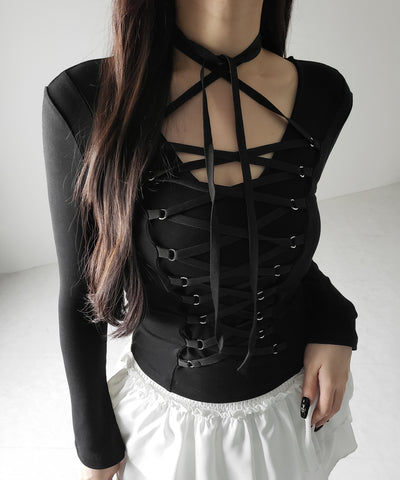 【 ３WAY ／２color 】レースアップコルセットリボンチョーカートップス ／ lace up corset ribbon choker tops