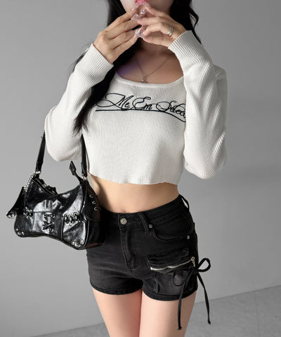 リボンストリングカーゴポケットデニムショートパンツ／ribbon string cargo pocket denim short pants