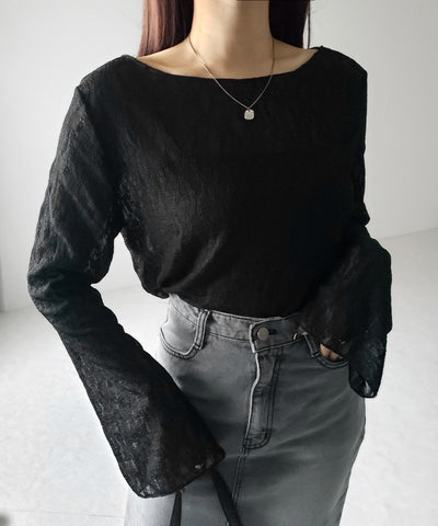 【 ２color 】ワイドスリーブオーバーシアーレーストップス ／ wide sleeve over sheer lace tops