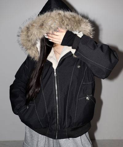 配色ステッチファーフード中綿オーバーブルゾン ／ stitch fur hood fake down over blouson