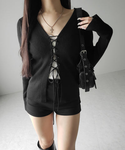 【 ３color 】レースアップリボンリブニットカーディガン ／ lace up ribbon rib knit cardigan