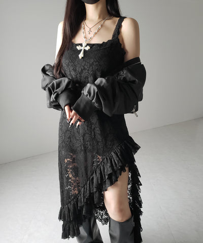 【 ２color 】アシンメトリーフリルレイヤードレースキャミワンピース ／ asymmetry frill layered lace cami onepiece