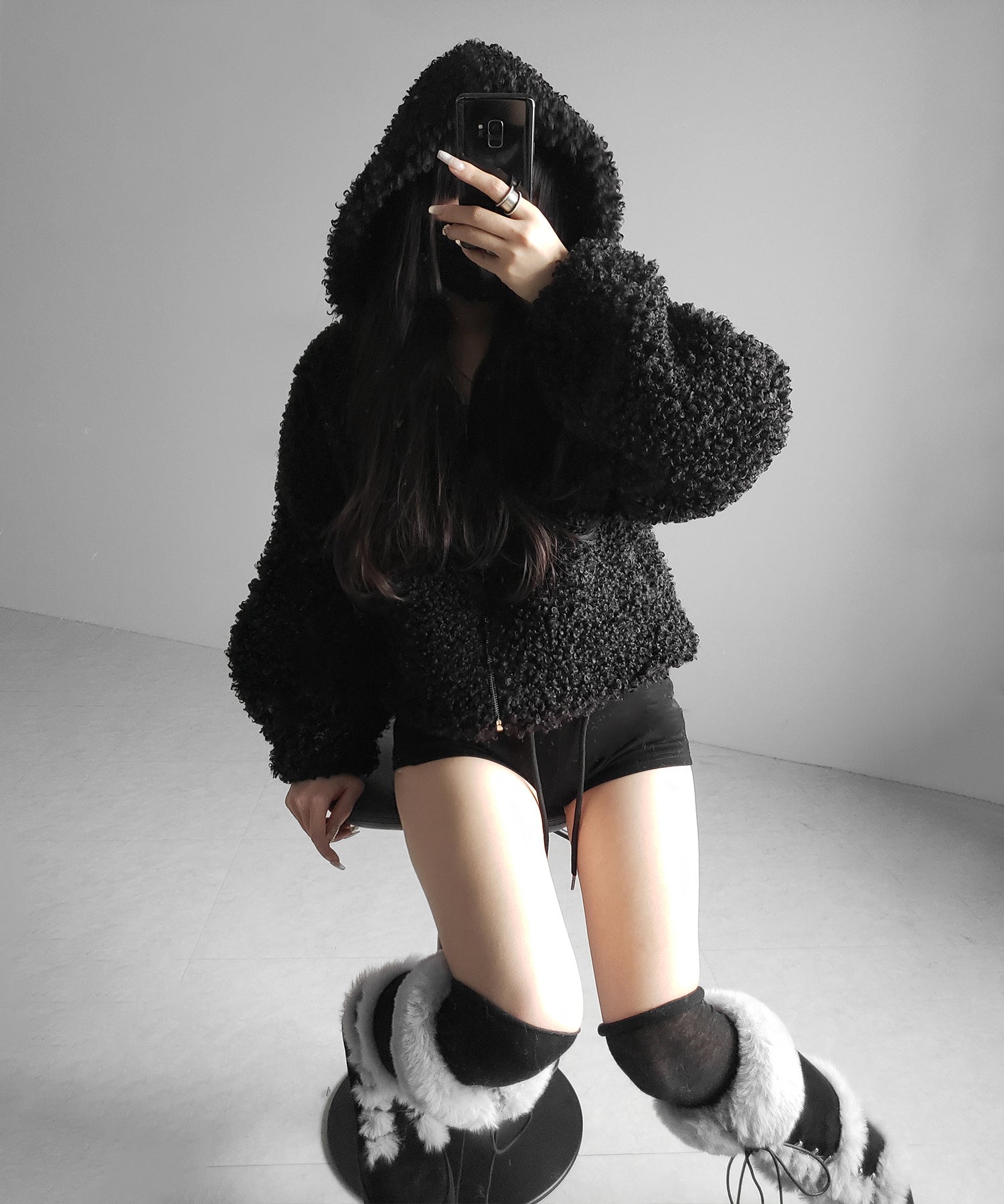 テディボアジップアップフーディクロップドコート ／ teddy boa zipup hoodie cropped cat