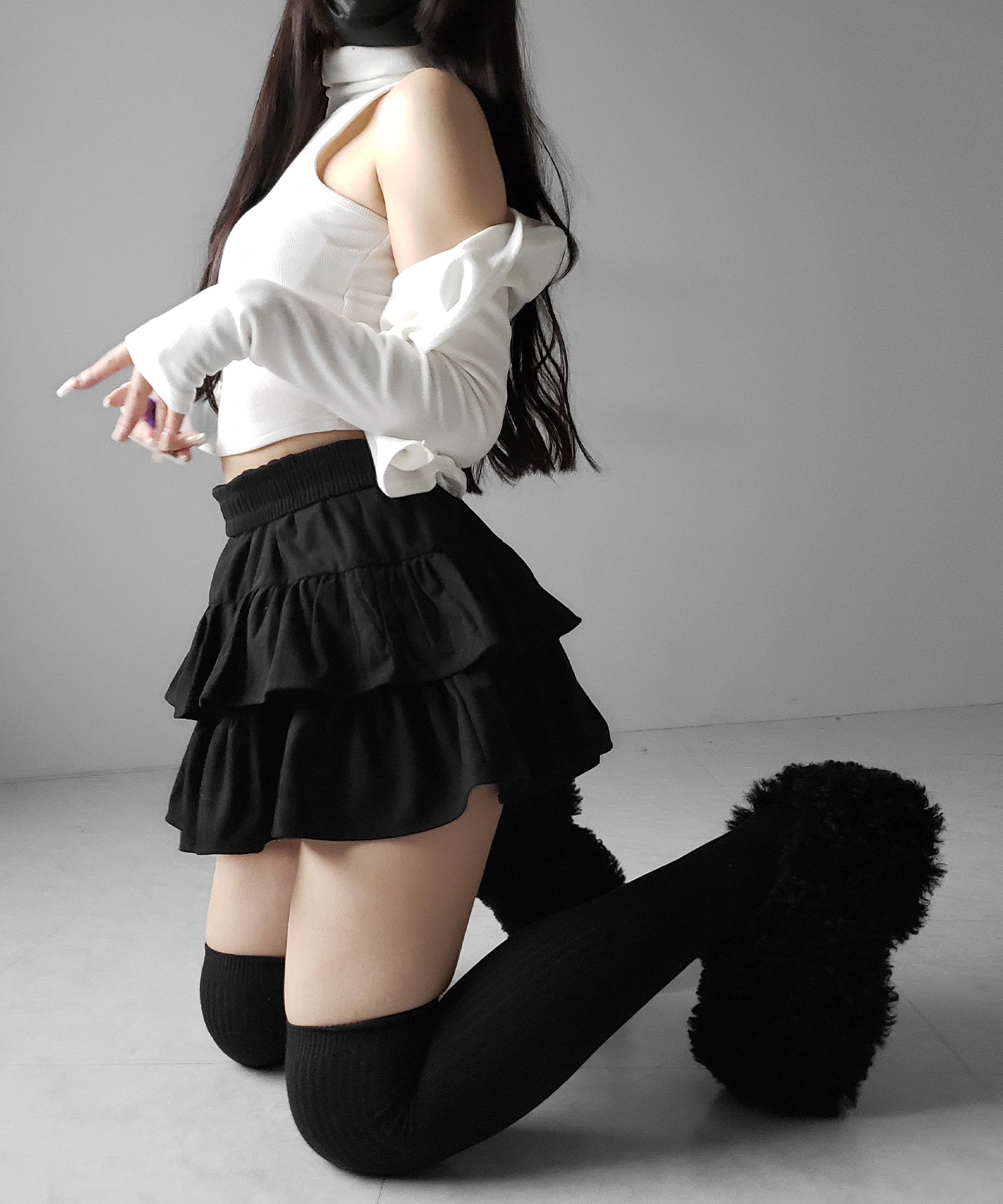 【 無地 or レオパードから選べる ／ インパン裏地付 】コーデュロイティアードフリルミニスカート ／ corduroy tiered frill mini skirt