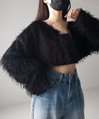 【 セットアップ可能 】シャギーフリンジショートカーディガン ／shaggy fringe short cardigan