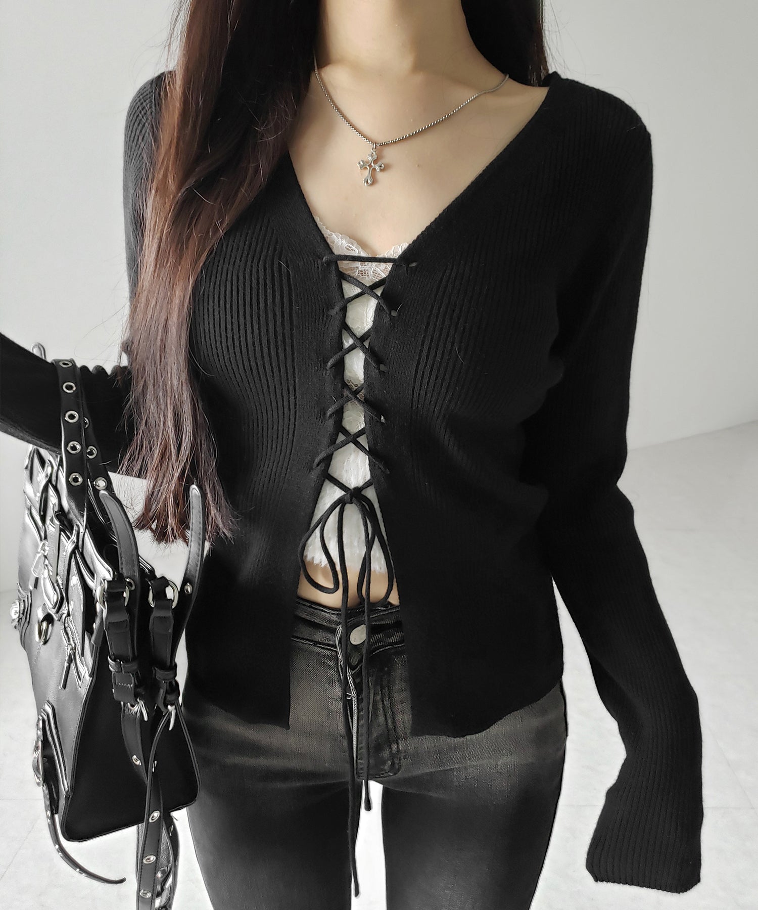 【 ３color 】レースアップリボンリブニットカーディガン ／ lace up ribbon rib knit cardigan