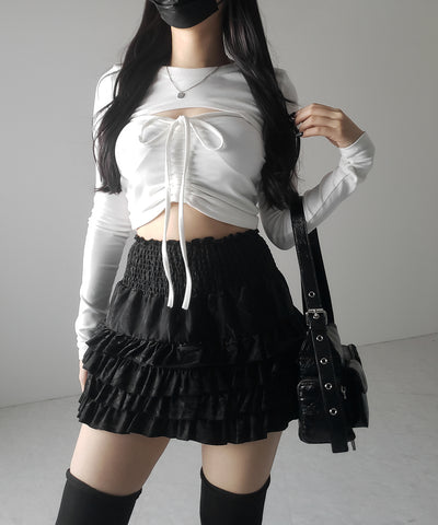【 ３color ／インナーパンツ裏地付 】ハイウエストシャーリングフリルミニスカート ／ high waist shirring frill mini skirt