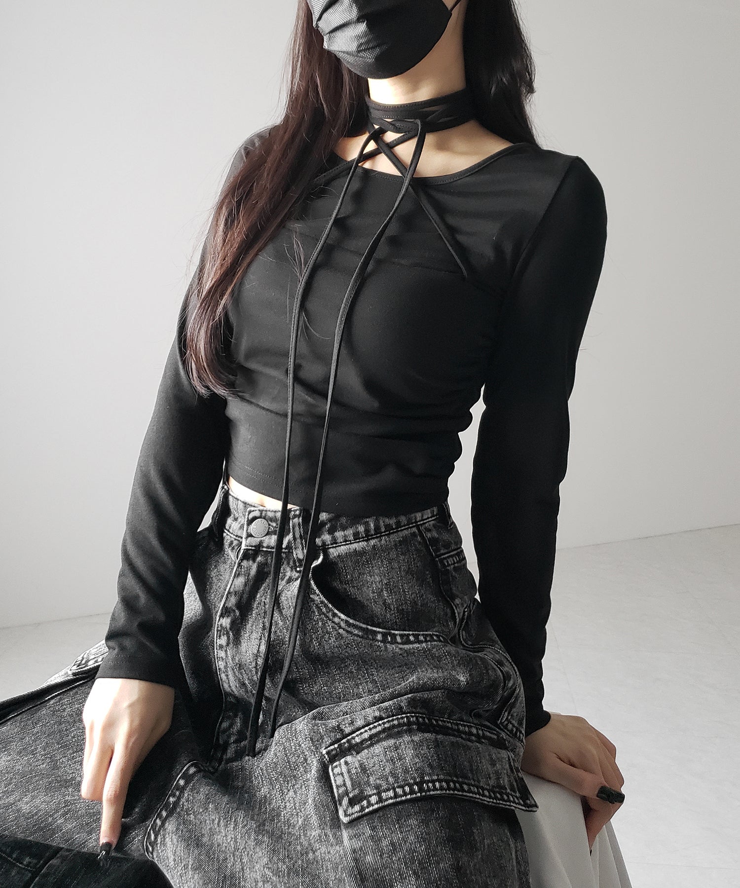【 ３color 】クロスストラップロングチョーカーリボントップス ／ cross strap long choker ribbon tops