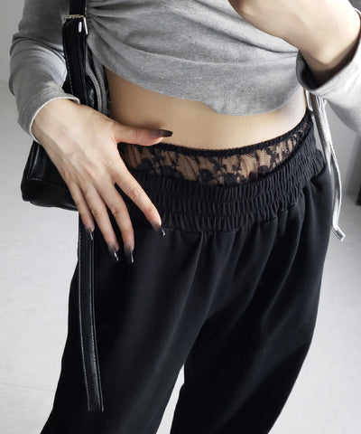 【 ２color 】ウエストレースドッキングワイドスウェットパンツ／ waist lace docking wide sweat pants