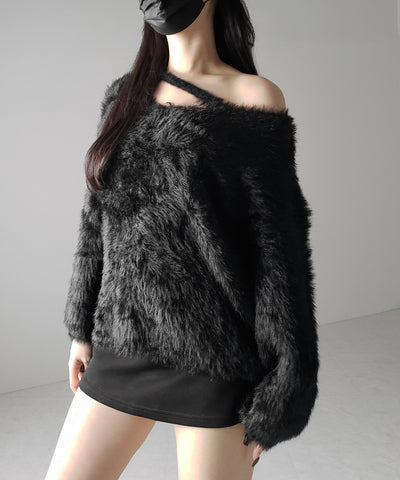 【 ３color 】ナナメストラップカットアウトシャギーニット ／ naname strap cutout shaggy knit
