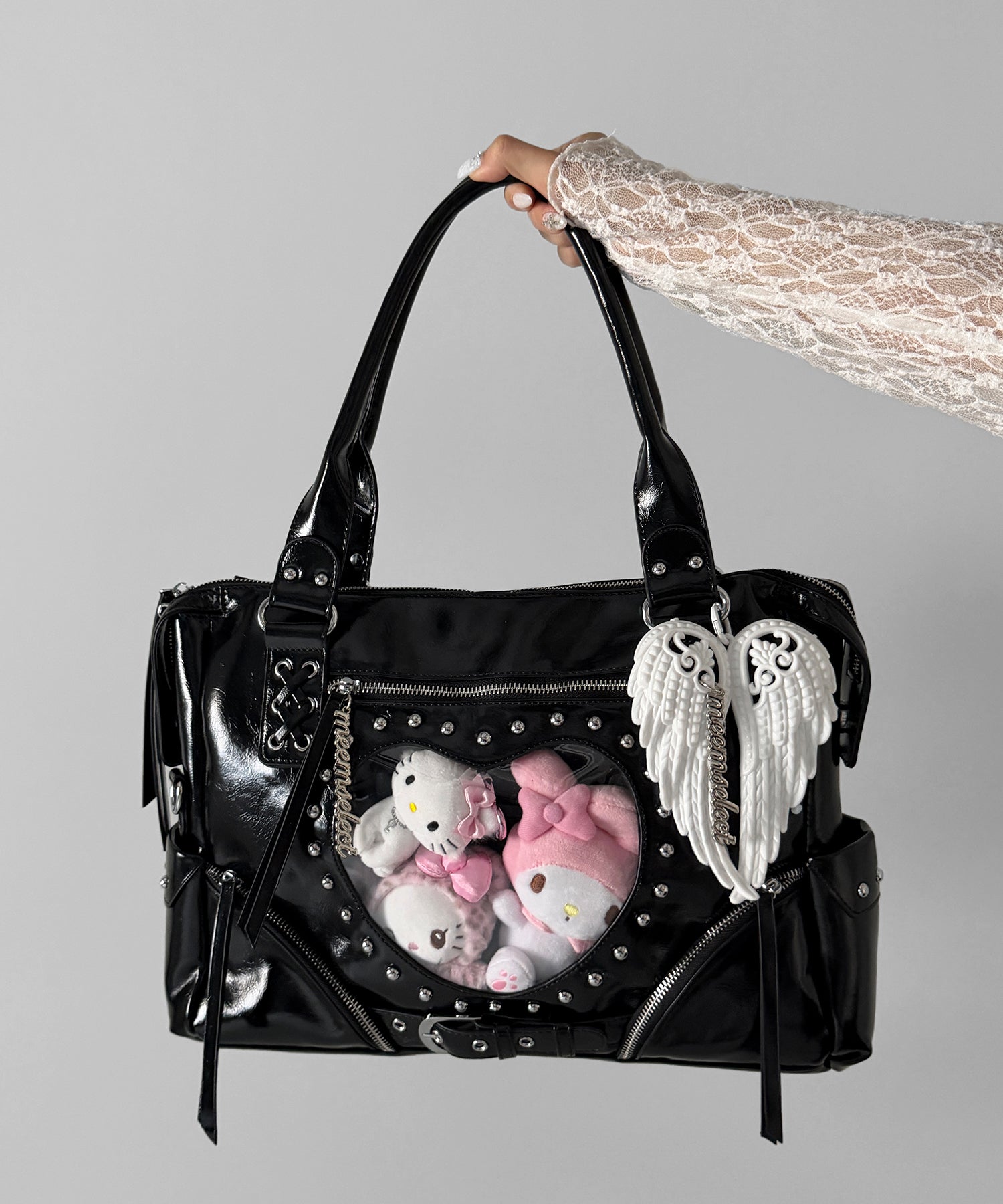 【 限定先行販売 】ハートクリアポケットスタッズフェイクレザートートバッグ ／ heart clear pocket studs fake leather tote bag