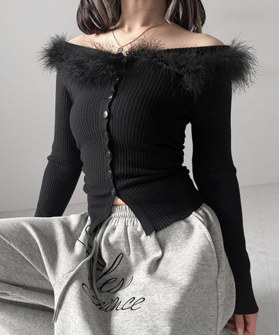 フェザーファー襟オフショルリブニットトップス ／feather fur collar off shoulder rib knit tops