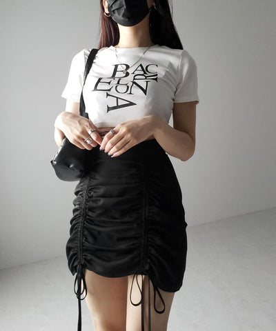 【 インパン裏地付 ／ セルフカット調節可能 】 ストラップダブルリボンシャーリングミニスカート ／ strap double ribbon shirring mini skirt