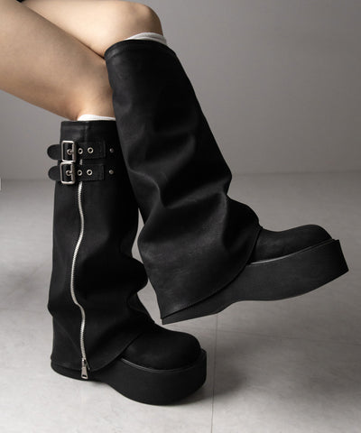 【 ２color 】ベルテッドヴィンテージ厚底カバーロングブーツ ／belted vintage platform cover long boots