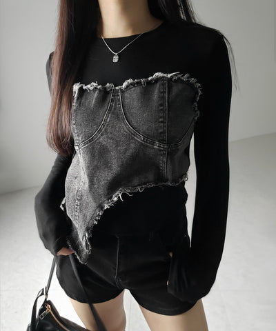 【 ２color 】ダメージデニムビスチェドッキングＴシャツ ／ damage denim bustier docking Tee
