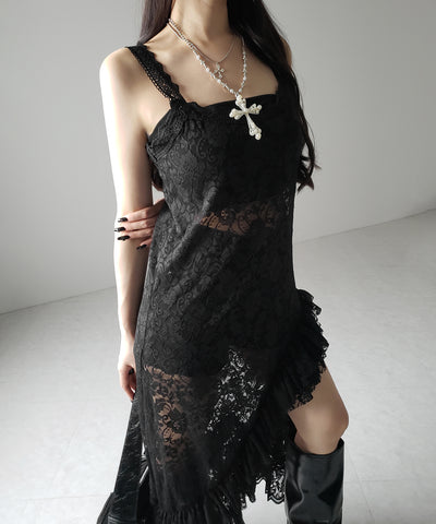 【 ２color 】アシンメトリーフリルレイヤードレースキャミワンピース ／ asymmetry frill layered lace cami onepiece