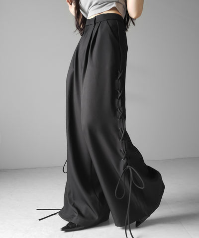レースアップダブルタックワイドスラックス ／ laceup double tack wide slacks