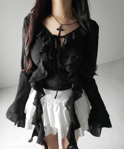 【 ２color 】ダメージフリルショートリボンカーディガン ／ damage frill short ribbon cardigan