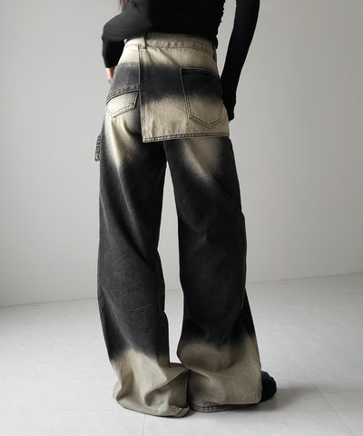 【 ２color ／４size 】ラップレイヤードバイカラーブリーチワイドデニム ／ wrap layered bicolor bleach wide denim