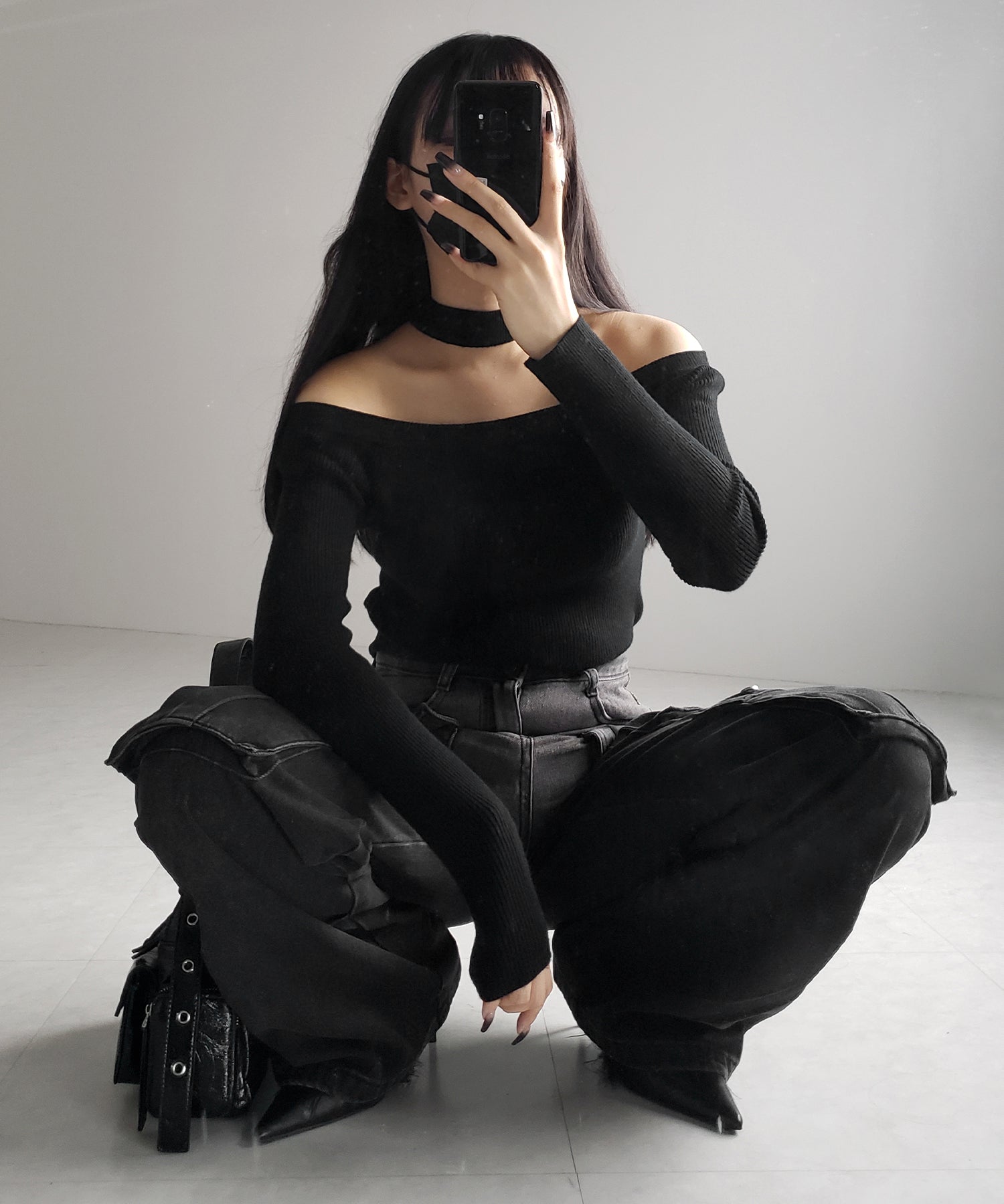 【 ２color 】チョーカーオフショルリブニットトップス ／choker offshoulder lib knit tops