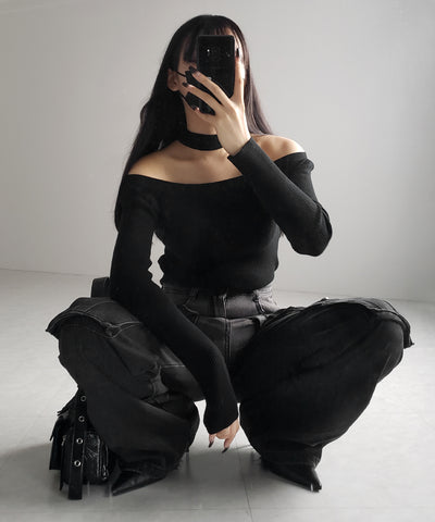【 ２color 】チョーカーオフショルリブニットトップス ／choker offshoulder lib knit tops