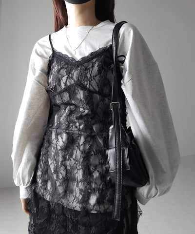 【 ２color 】チュールドッキングレースチュニックキャミソール ／ tulle docking lace tunic camisole