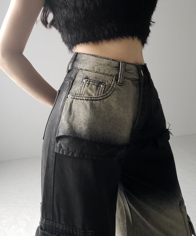 【 ２color ／４size 】ブロッキングバイカラーオーバーダイワイドデニム ／ blocking bicolor overdye wide denim