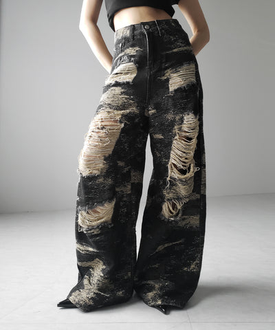 【 ２color ／ ４size 】クラッシュダメージバイカラースラブワイドデニム ／ crash damaged bicolor slab wide denim