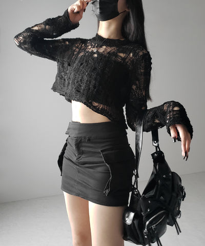 【 ２color 】クラッシュダメージショートシアーニット ／ crush damage short sheer knit