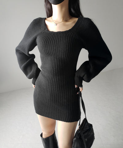 【 ２color 】スクエアネックリブニットミニワンピース ／ square neck rib knit mini one piece