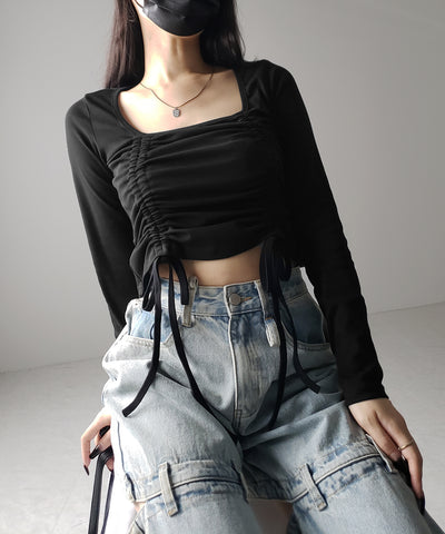 【 ３color 】 ダブルシャーリングリボンスクエアネックトップス ／ double shirring ribbon square neck tops
