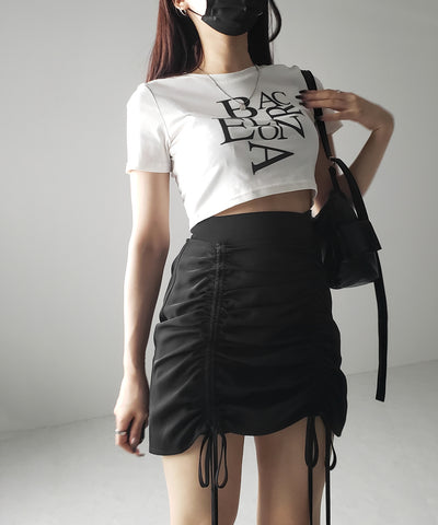 【 インパン裏地付 ／ セルフカット調節可能 】 ストラップダブルリボンシャーリングミニスカート ／ strap double ribbon shirring mini skirt