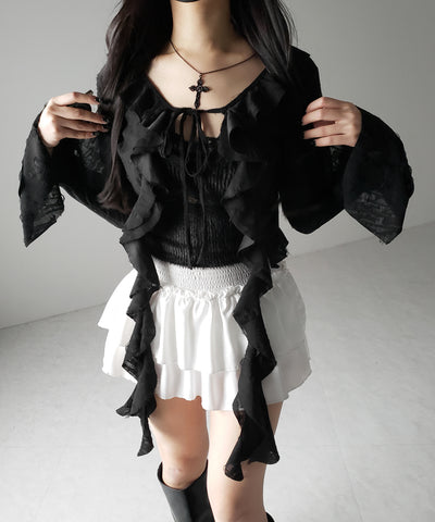 【 ２color 】ダメージフリルショートリボンカーディガン ／ damage frill short ribbon cardigan