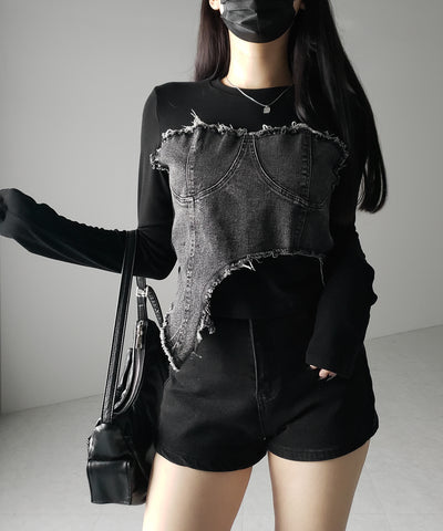 【 ２color 】ダメージデニムビスチェドッキングＴシャツ ／ damage denim bustier docking Tee