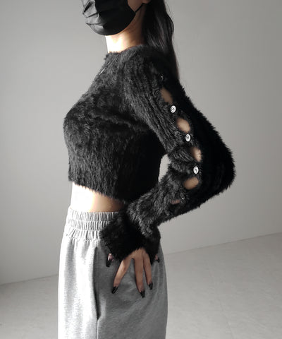 【 ３color 】カットアウトスリットスリーブショートシャギーニット ／ cutout slit sleeve short shaggy knit