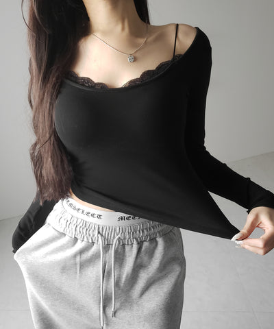 【 カップ付き 】裏起毛レースレイヤードぴちカットソートップス ／ urakimo square neck pichi cutsew tops